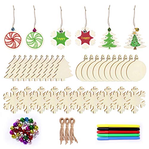 KLATIE 30 PCS Unfinished Christmas Wooden Ornaments, Including 3 Styles Natural Wood Slices, 30 Colorful Bells and 5 Color Pens for Kids DIY Art Crafts, Christmas Crafts for Kids.