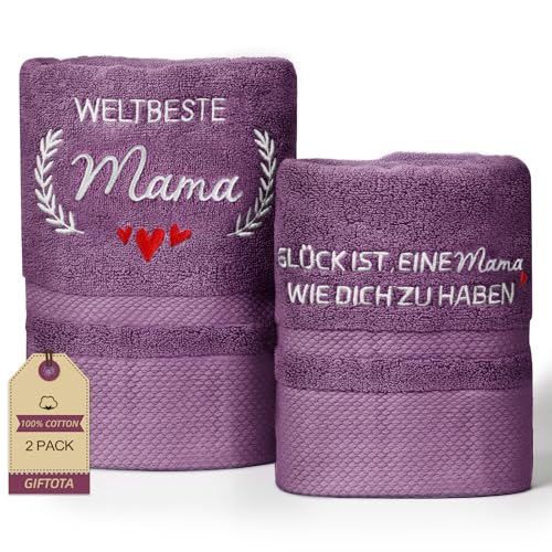 Giftota Mama Geschenk 2 teilig Handtuch Set 100% Baumwolle Bestickt Handtücher Lila, Geschenke für Mama zum Geburtstag Muttertag - Badehandtuch 50 x 100 cm + Handtuch 35 x 75 cm