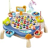 Auped Juego de Pesca magnética, Incluye 42 Peces, 10 cañas de Pesca, 4 buces, 7 escenas 3D, Regalo Educativo Musical Montessori, Adaptado para niños de 3 años (Azul)