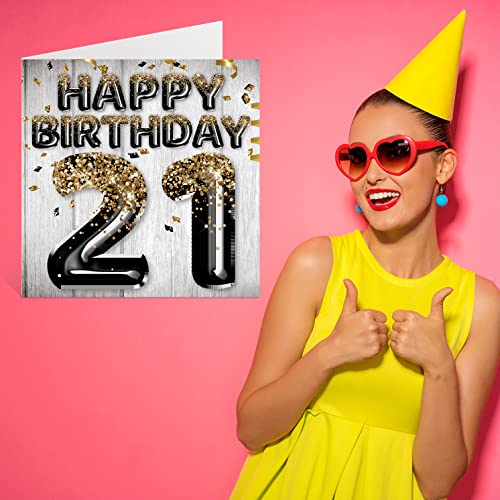 Stuff4 21St Birthday Card For Men - Black & Gold Glitter Balloons - Happy Birthday Cards For 21 Year Old Man Son Brother Uncle Cousin, 5.7 X 5.7 Inch Twenty-One Twenty-First Bday Greeting Cards Gift #TOP6