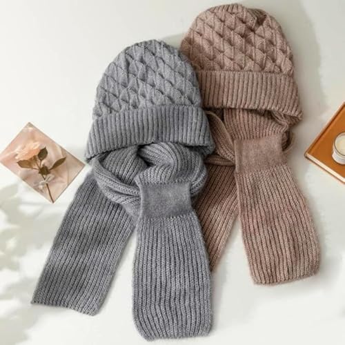 YJWZ Integrierter Gehörschutz Winddichte Mütze Schal,2 in 1 Winddichter Mützenschal Niedlich Mütze Schal Set Damen mit Brosche Winter Warm Strickmütze, Kapuzenschal für Frauen
