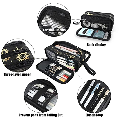 Image of Fustylead Gold Sun Moon and Stars Pencil Pen Case Stationery Bag, 3 Compartments School College Office Desk Organizer Storage Pouch Makeup Bag for Teen Boys Girls Students