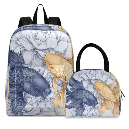 Backpack Lunch Box Set Large Capacity Travel Backpacks and Insulated Lunch Bag for Commute Hiking Picnic Blue Gold Fish Print