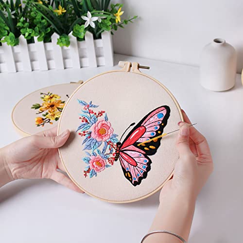 Image of Konrisa Embroidery Starter Kits with Butterfly Flower Pattern, Stamped Cross Stitch Kits for Beginners Adults DIY Sewing Include Embroidery Hoop Embroidery Fabric Threads and Needles,Set of 2