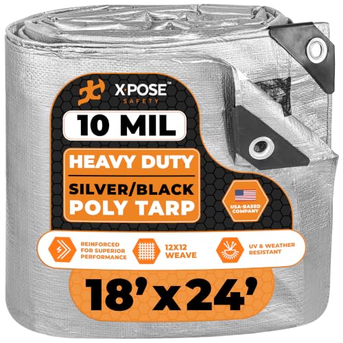 Image of Heavy Duty Poly Tarp - 18' x 24' - 10 Mil Thick Waterproof, UV Blocking Protective Cover - Reversible Silver and Black - Laminated Coating - Grommets - by Xpose Safety