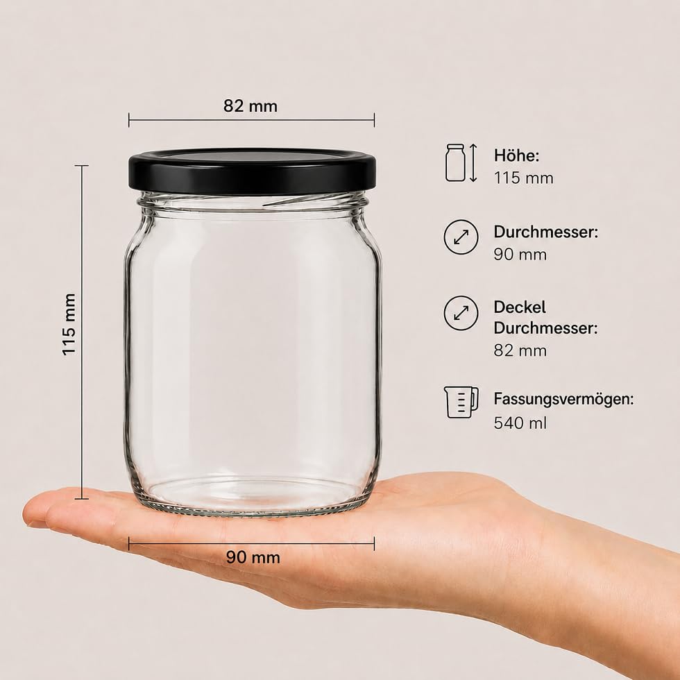 Słoiki na przetwory 540 ml z czarną pokrywką, zestaw 82-48 szt. – słoiki do wekowania i fermentacji – słoiki zakręcane do dżemu i przechowywania zapasów – 115 x 90 mm