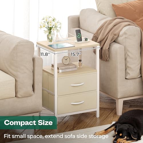 Image of Huuger Nightstand with Charging Station, Side Table with Fabric Drawers | End Table with Open Shelf, Bedside Table with USB Ports and Outlets, Night Stand for Bedroom, Bed Side Table, White Marple