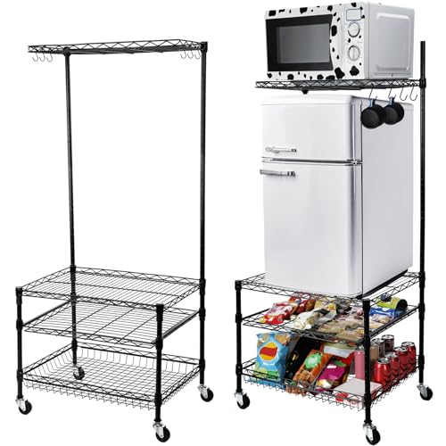 Wonderjune 1 Pcs Portable Mini Fridge Organizer Shelf with Wheels & 8 S Hooks, Mini Fridge Storage Stand, Microwave Stand for Dorm Room, Apartment & Kitchen, Compact Shelving for Small Space(Black)