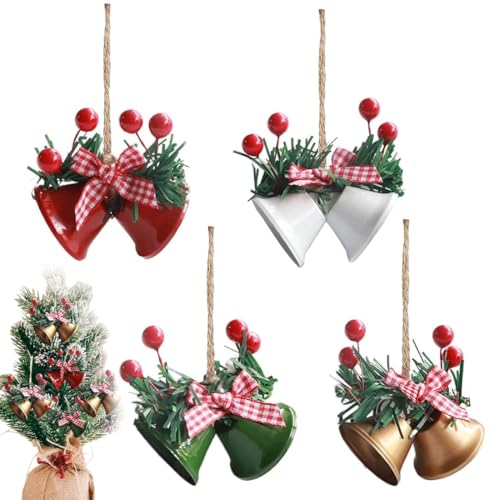 YOFDAL 4Pcs Cascabeles Navidad,Hierro Campanas De Navidad Festival Deco Trompeta Campana Colgante Cuerda Des Cáñamo Fruta Roja Accesorios Tapices De Ventana