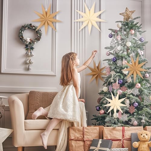 Image of 12 Inches 5 PCS Natural Paper Star Lanterns Christmas Party Decorations Hanging Stars Christmas Party Decorations Wedding Birthday Christmas Home Party Decorations(9 Pointed)