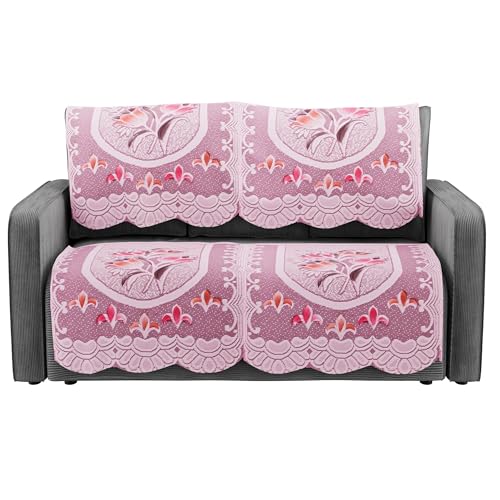 Image of Kuber Industries (Set of 4) Stylish & Durable Cotton Sofa Covers 2 Seater | Aesthetic Sofa Protector /Mat & Slipcover for Hall, Living Room & Office | Flower Design - White & Pink