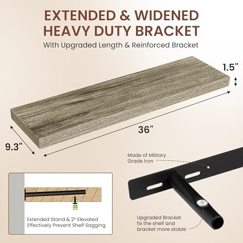 Image of Dreamland 36 Inches Floating Shelves for Wall, 9.3 inch Deep Long Floating Shelves Set of 2, Large Display & Storage Shelf, Wall Shelf for Bathroom Bedroom Living Room Kitchen Office, Grey