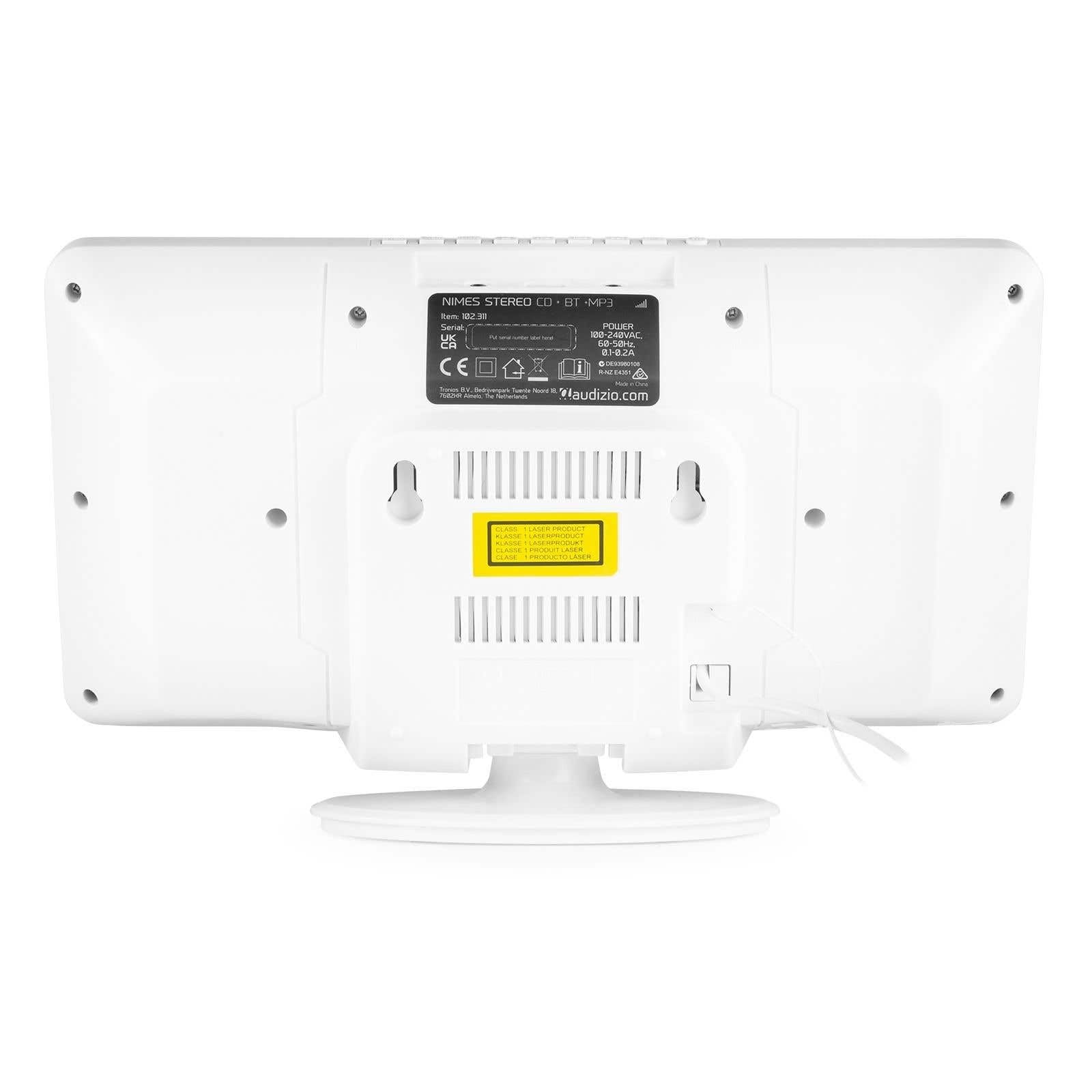 Audizio Nimes Home Sistema estéreo HiFi con Bluetooth, Reproductor de CD, MP3 USB, sintonizador de Radio FM, Incluye Mando a Distancia, X-Bass, Conexion de Auriculares - Blanco