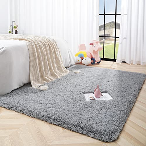 Tepook Super Soft Fluffy Rug For Bedroom, Modern Shaggy Rug Fuzzy Kids Rug For Living Room, Plush Indoor Nursery Home Decor Rug With Non-Slip Bottom, Grey, 4 X 6 Feet #TOP1