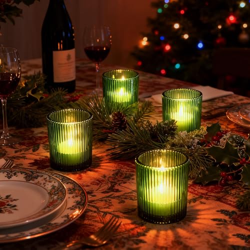 12 Stück Teelichthalter Glas Kerzenhalter, Windlichter Tischdeko 5.5x6.5CM Teelicht Halter Elegante Teelichtgläser für Valentinstags Tischdekoration HomeDeco Party Wedding(Grün)