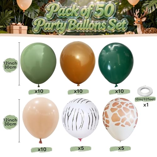 Image of Green Brown Balloons Sage Green Khaki Nude Zebra Giraffe Print Balloon Dark Olive Avocado Coffee Apricot Beige Birthday Party Decorations for Boys Jungle Safari Woodland Forest Animal Baby Shower