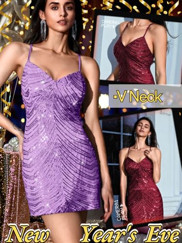 Image of Kaei&Shi Sequin Mini Dress,V Neck Spaghetti Strap Sparkly Prom Dresses for Women,Sexy Birthday Outfit HOCO Cocktail Nye Party
