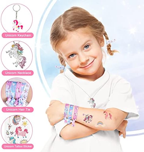 URAQT Unicorn Drawstring Bag, 23pcs Drawstring Backpacks Set with Makeup Bag, Necklace, Bag Charms, Hair Tie and Unicorn Tattoo Sticker, Kids Cartoon School Backpacks for Girl Birthday Party Christmas
