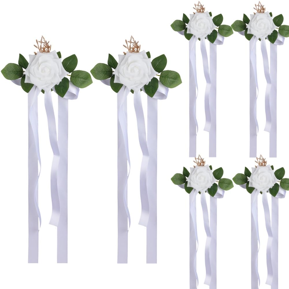CCUUHJ 6 Pcs Wedding Bows Aisle Decorations Satin Bows with Rose for Chairs Decorative Ribbons Sashes for Pew Back Elegant Ceremony Ribbons for Wedding Background Aisle Decor (White)