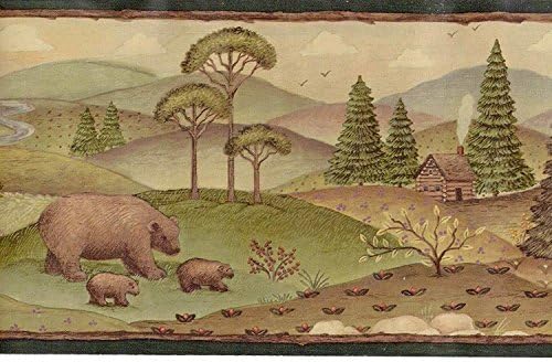 Wallpaper Border Bears and Moose Pine Trees Log Cabins in Mountains Green Trim