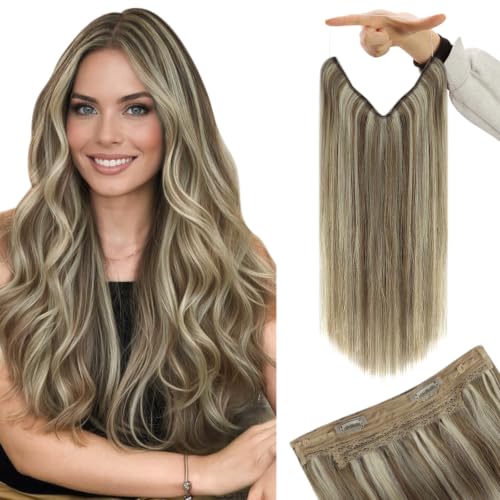Image of YoungSee 140G Wire Hair Extensions Blonde, Fish Line Human Hair Extensions, Platinum Blonde with Light Brown Highlights, One Piece Hair Extension 24Inch