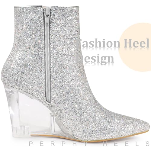 Perphy Clear Heels Boots Sequin Pointed Toe Glitter Wedge Heels Ankle Boots for Women4