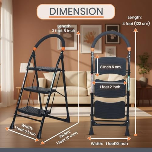 Image of FLIPZON Foldable Step Ladder, Advanced Locking System, Ribbed Steps, Knee Guard, Non-Marring PVC Shoes, 3 Steps