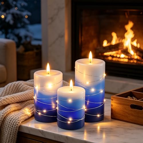 Image of Flameless LED Candles with Fairy Lights, Remote Timer, Blue Wax, 3-Pack | Layered Glow for Cozy, Worry-Free Ambiance