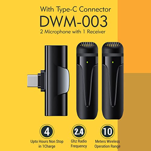 Image of Digitek (DWM 003 Wireless Microphone with Receiver Set, 2 Mics + 1 Receiver, Type C Connector, 4 Hours Continuous Use, 10m Wireless Range, Suitable for Vlog, YouTube, Live Streaming, Video Recording