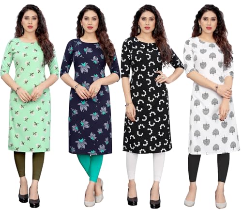 Image of JAKHANA Women's Crepe Printed Casual Straight Calf Length Round Nick Kurta Pack of 4