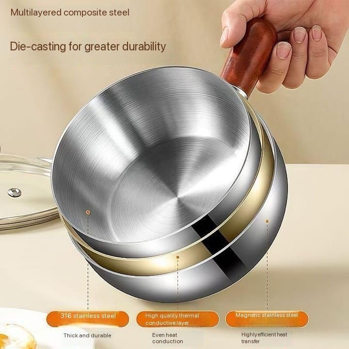 Image of Mini Oil pan for Home, Stainless Steel Tadka Pan with Wooden Handle | Heavy Base Small Saucepan for Tempering, Melting Butter, Heating Milk & Cooking | Gas & Induction Compatible (Pack of 1)
