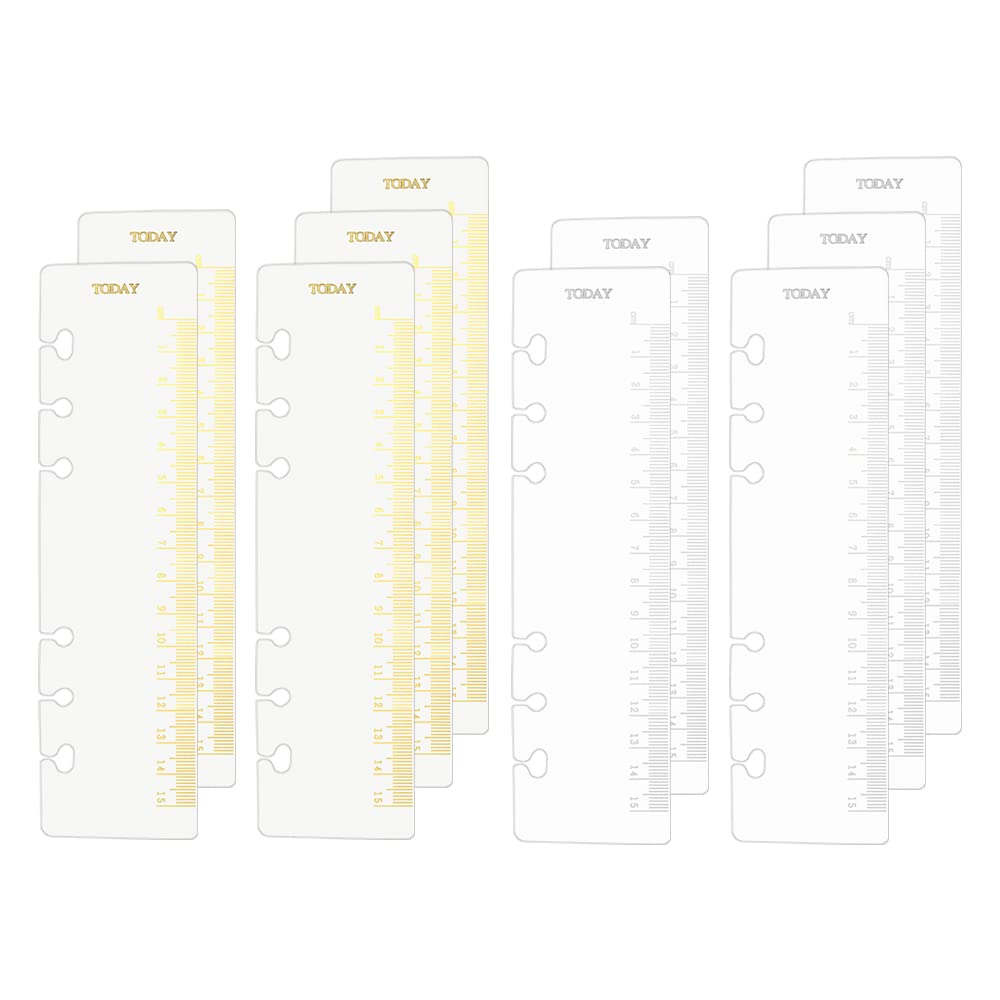 10pcs A6 Binder Divider Ruler Gold Hot Stamping 15cm Scale 6 Holes Silver Foil Gilding PP Bookmark Ruler for Loose Leaf 6 Rings Binder Notebook Planner Snap in Bookmark Divider Measuring Rulers Set