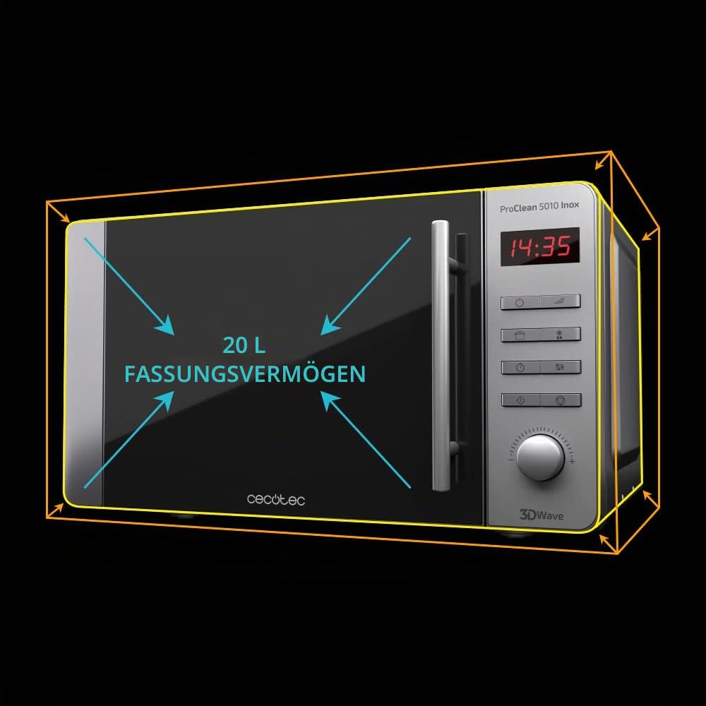 Cecotec Mikrowelle Pro Clean 5010 Mirror. 700W, Grill 800W, 20L, Garraum Ready 2 Clean Beschichtung, 3 D Wave, Front Spiegel Tür, 8 Programme, 60 Min Timer, LED, Edelstahl In Silber, Ohne Grill