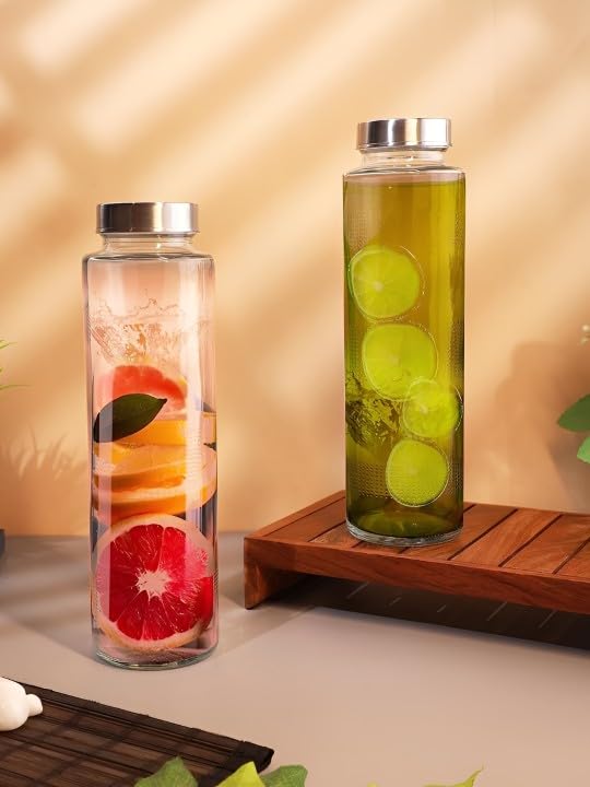 Image of Glassbunny 750ml Stainless Steel Lid Borosilicate Glass Wide Mouth Bottle for Fridge, Leak-Proof Airtight Silver Cap for Water, Smoothie, Juices, Reusable Travel Water Container Pack of 2