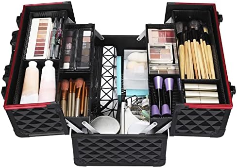 Yaheetech Professional Makeup Box Extra Large Cosmetic Case 22x25x35cm with 4 Trays, Beauty Nail Polish Jewellery Case Train Case Lockable, All Black