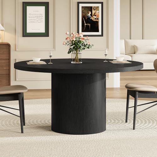 Round Kitchen Dining Table for 4-6 People 47 inch Mid-Century Circle Dinner Tables Rustic Wood Base in Fluted Design Space Saving Dining Room Furniture Large Table Only for Family Party Black