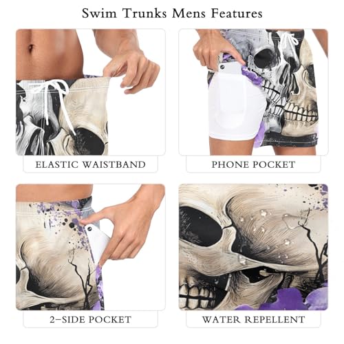 Mens Swim Trunks with Liner, Skulls Floral Purple Black Cool Quick Dry Beach Swim Shorts, Swimwear Bathing Suits S3