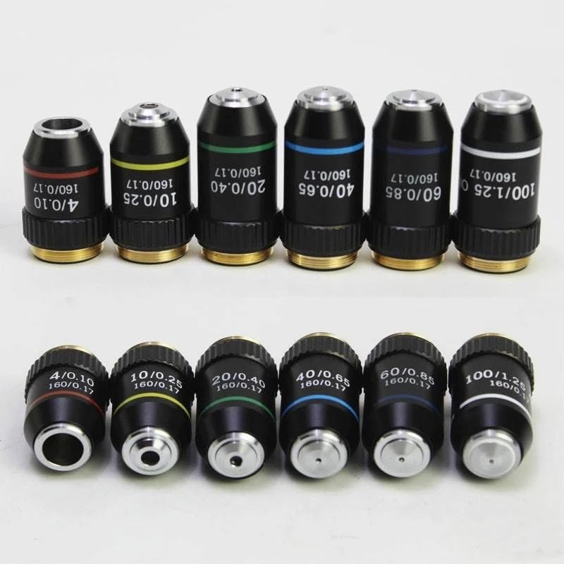 Lente de microscopio biológico 4X 10X 20X 40X 60X 100X (Aceite) Lente Objetivo acromático Carcasa Negra (Color : 4-100X 6 PCS per Set)