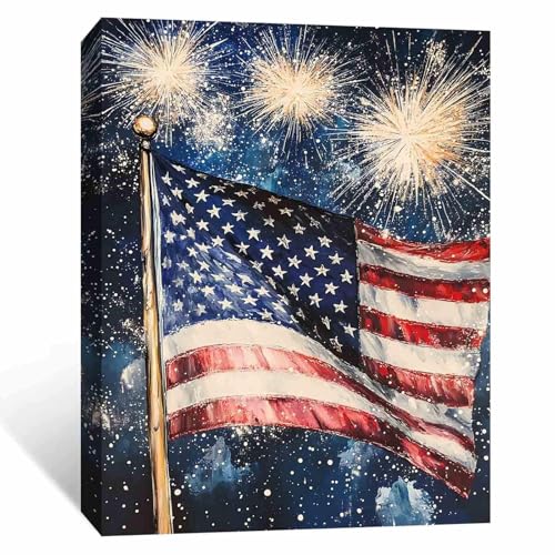 Image of Patriotic Wall Art Decorations, 4th of July American Flag Fireworks Vintage Canvas Print Picture Framed, for Rustic Americana Home Living Room Decor