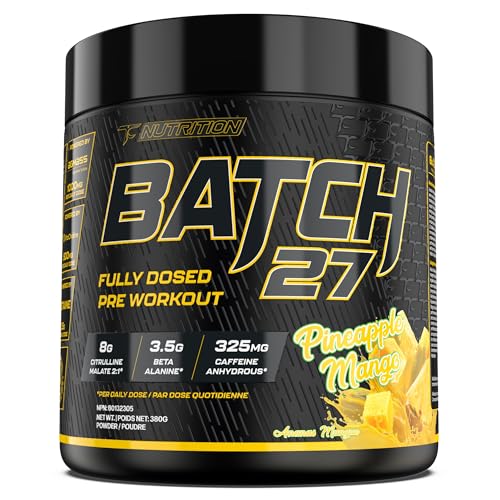 Image of TC Nutrition Batch 27 Pre Workout Powder - 8g Citrulline, 3.5g Beta Alanine, 2.5g Betaine, 325mg Caffeine | Instant Energy, Focus, Pumps, & Strength | Nitric Oxide Booster 20 sv (Pineapple Mango)