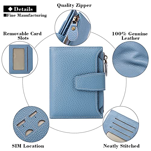 Image of GOIACII RFID Secure Wallet for Women Small Card Holder Leather Blue | Trifold Billfold, Vegan Leather, Compact Size, 4 ID Windows, 12 Card Slots, 1 Zipper Coin Pocket, Minimalist