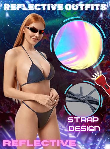 Reflective Rave Outfits for Women - Sexy Shiny Festival Halter Triangle Top Thong EDM Night Metallic Bikini Set3