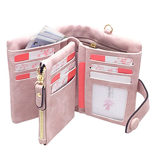 Rfid Leather Wallets for Women Ladies Wristlet Clutch Large Capacity Zipper Purse for Coins Card Holder Organizer(Pink)