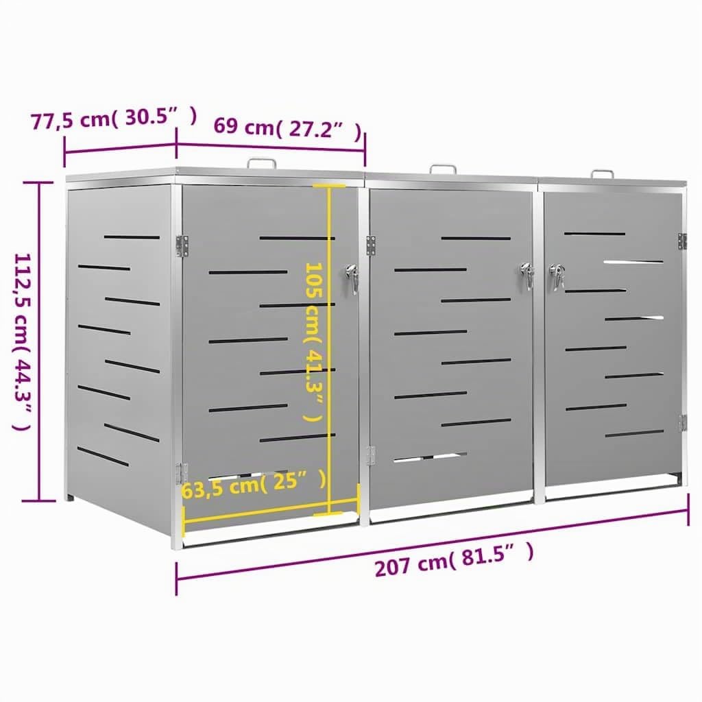 vidaXL Mülltonnenbox für 3 Tonnen 207x77,5x115 cm Edelstahl