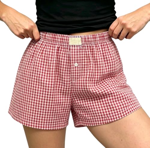 Image of Y2k Plaid Shorts Cute Baggy Ginghem Boxer Shorts for Women Checked Lounge Pajama Bottom Preppy Sleep Pj Shorts