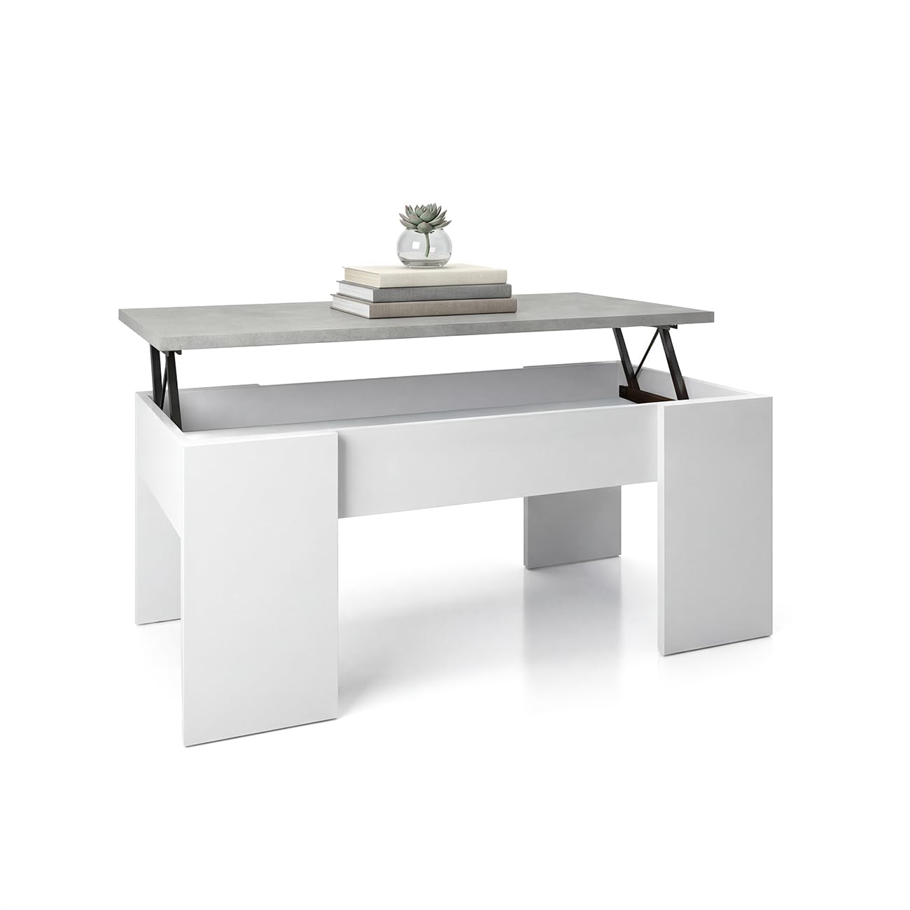duehome | Mesa de Centro Elevable, Mesita de Salón o Comedor, Modelo Vita, Acabado en Color Blanco Artik y Cemento, Medidas: 100 cm (Largo) x 50 cm (Ancho) x 45-53 cm (Alto)