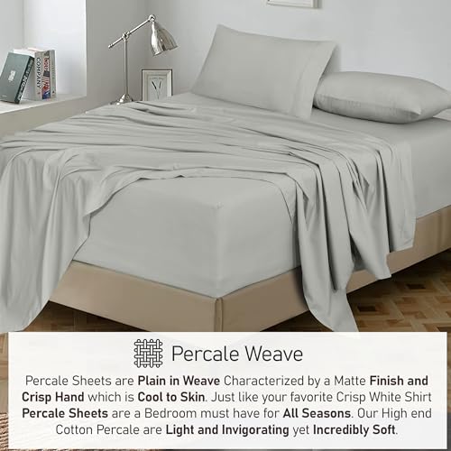 Image of RUVANTI 100% Cotton Percale Sheets Queen Size - Crisp Cooling Bed Sheets for Hot Sleepers, Deep Pocket 16 inch, Soft Breathable & Durable Hotel-Style 4 Piece Set, Silver
