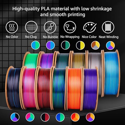 Image of Silk 3D Printer Filament PLA+, 1.75mm, 12 Pack 250g | 6 Tricolor & 6 Dual Color, 1.75mm Diameter, 250g Per Spool, 3KG Total, Smooth Printing