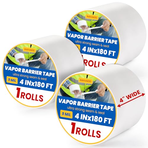 AstrivixDD 3 Rolls Vapor Barrier Tape White Moisture Barrier Tape for Crawl Spaces Polyethylene Tape for Underlayment Waterproof Seam Tape for Insulation Plastic Liners (4 x 180 ft Each Roll)