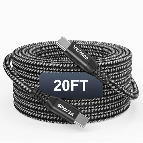 Bawanfa USB C to USB C Cable 20FT Extra Long Braided Type C Cable 60W Fast Charging USB 2.0 Data Sync USBC to USBC Cord Compatible with iPhone 17/16/15 Galaxy S24/S23 MacBook iPad